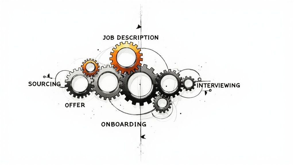 A team collaborating around a table, illustrating the recruitment process.