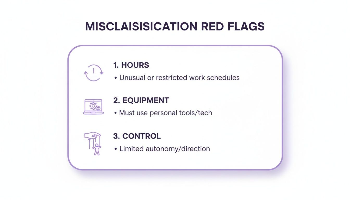 Red flags for worker misclassification, including unusual hours, personal equipment use, and limited control.