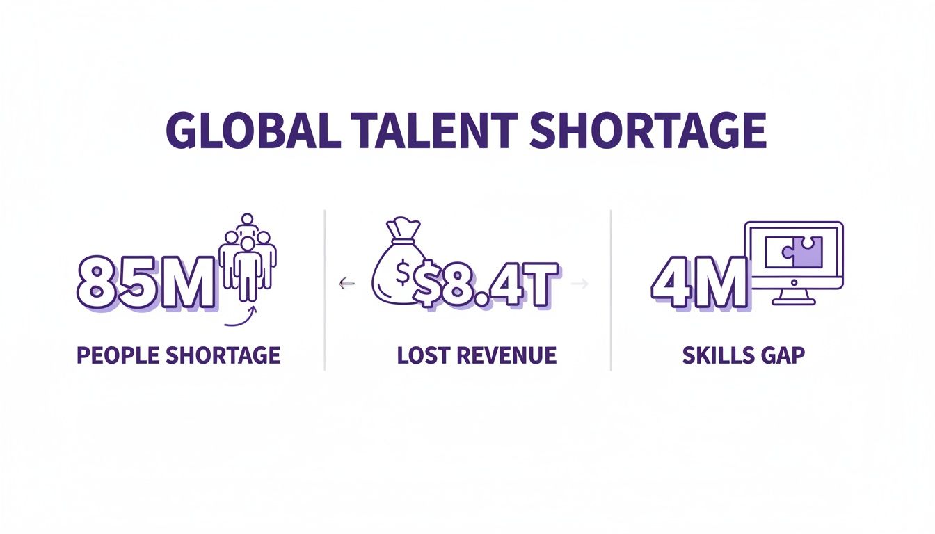 Infographic showing global talent shortage: 85 million people shortage, $8.4 trillion lost revenue, and 4 million skills gap.