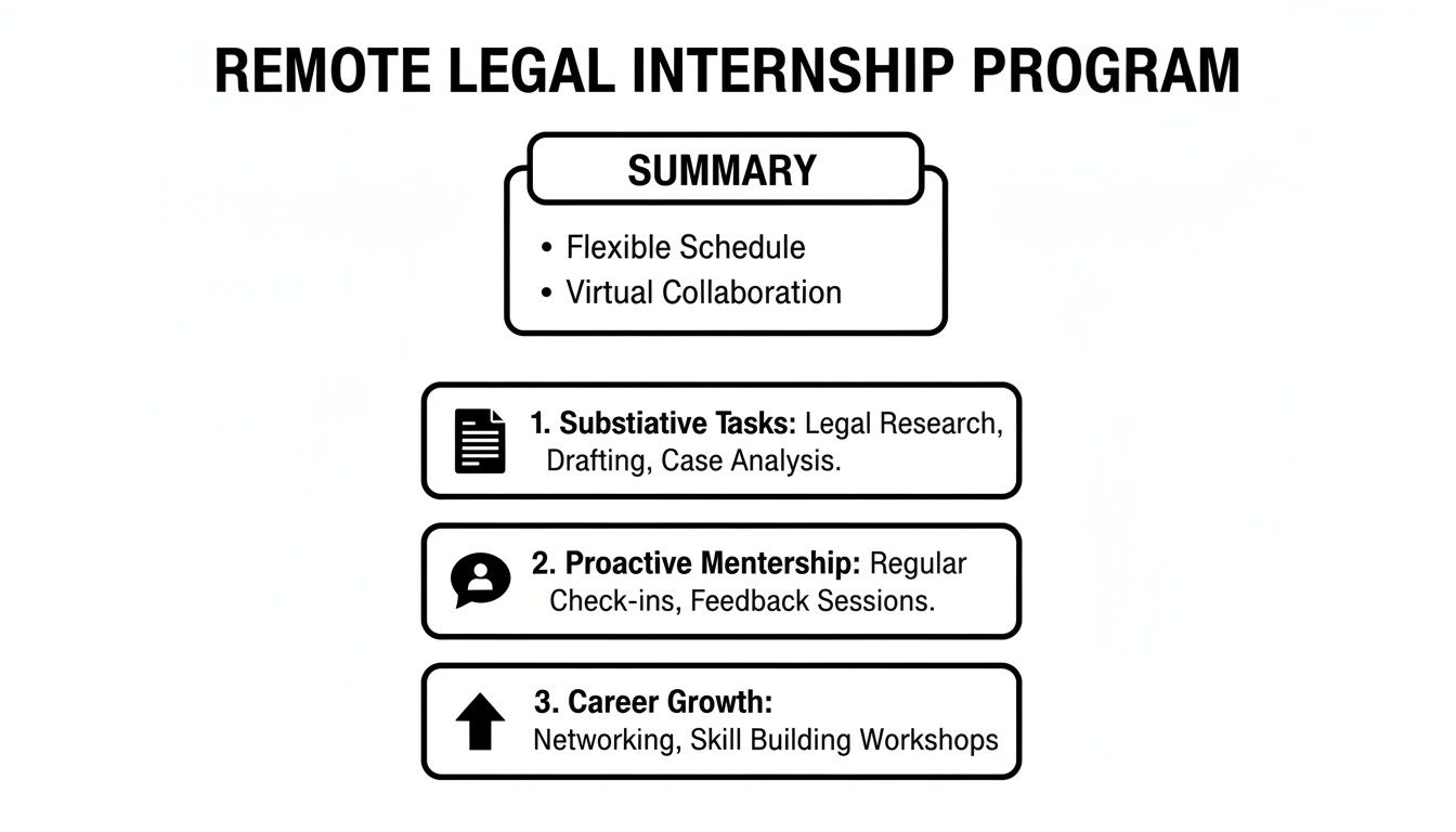 Infographic outlining a remote legal internship program with summary, tasks, mentorship, and career growth.