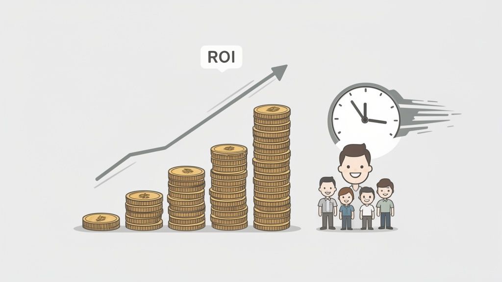 An illustration of increasing ROI with growing coin stacks, an upward graph, a team, and a fast-moving clock.