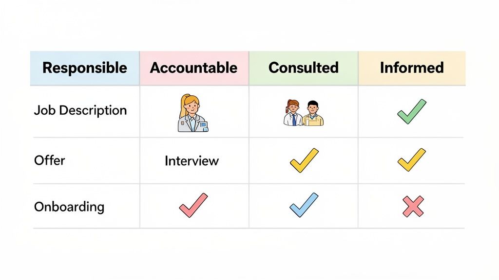 A RACI matrix illustrating roles and responsibilities for job description, offer, and onboarding processes.