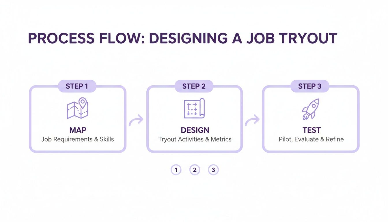 Process flow diagram illustrating three steps for designing a job tryout: Map, Design, and Test.