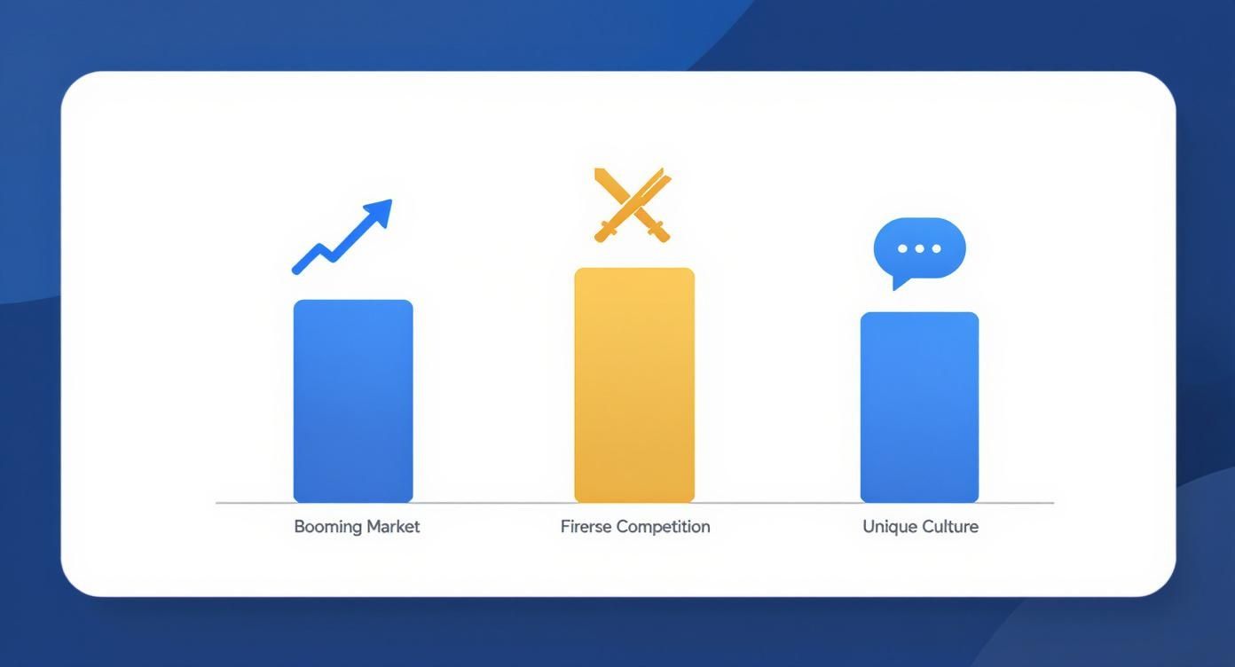 Bar chart comparing booming market, fierce competition, and unique culture business factors with icons