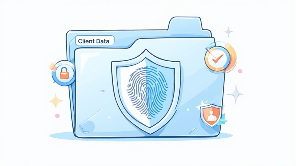 A person working at a desk with a blueprint, overlayed with digital security icons.