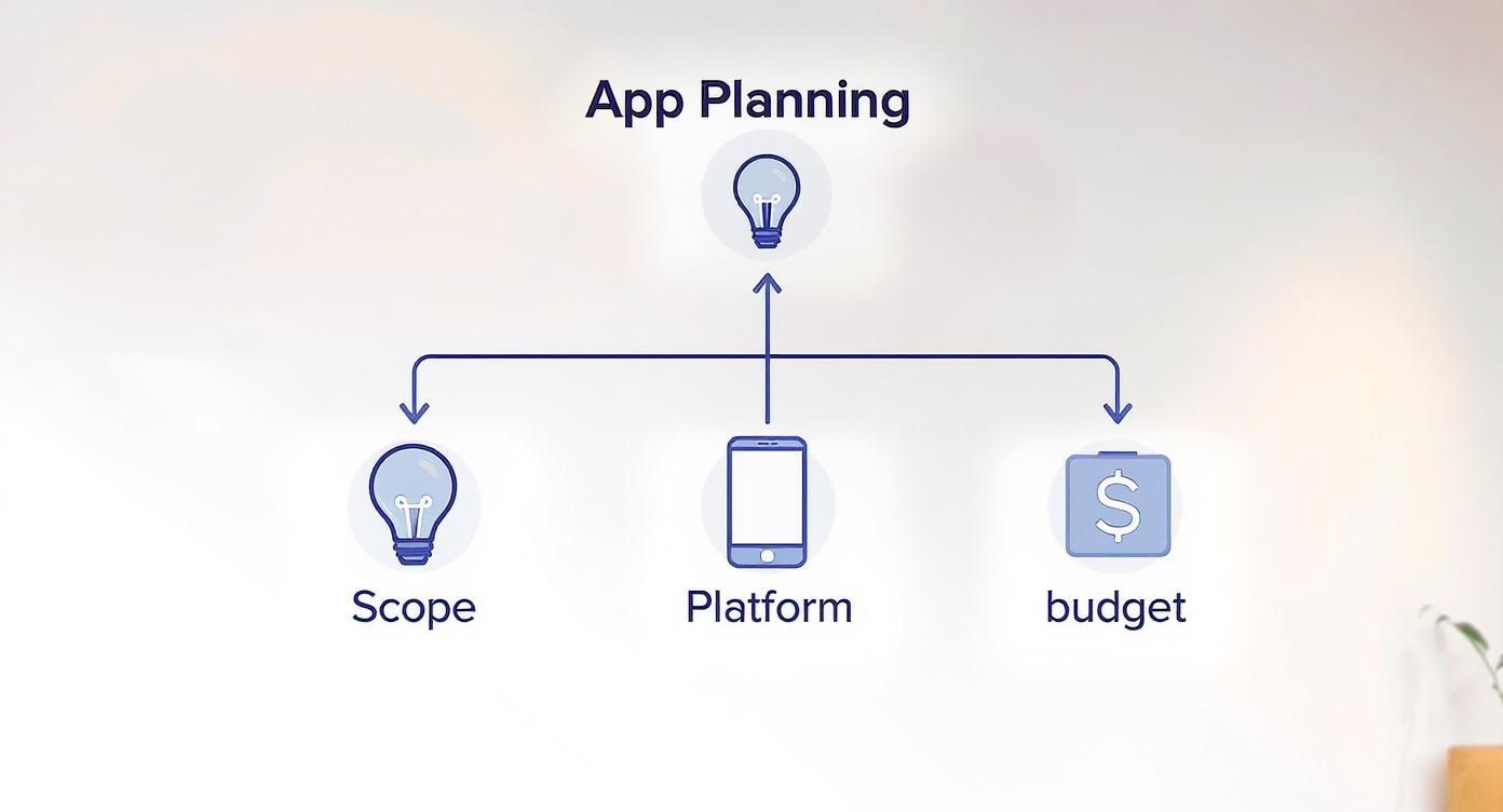 App planning flowchart showing scope, platform, and budget as three key development considerations