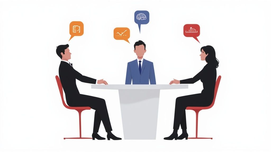 Three business professionals, two men and one woman, at a table discussing strategy with various thought icons.