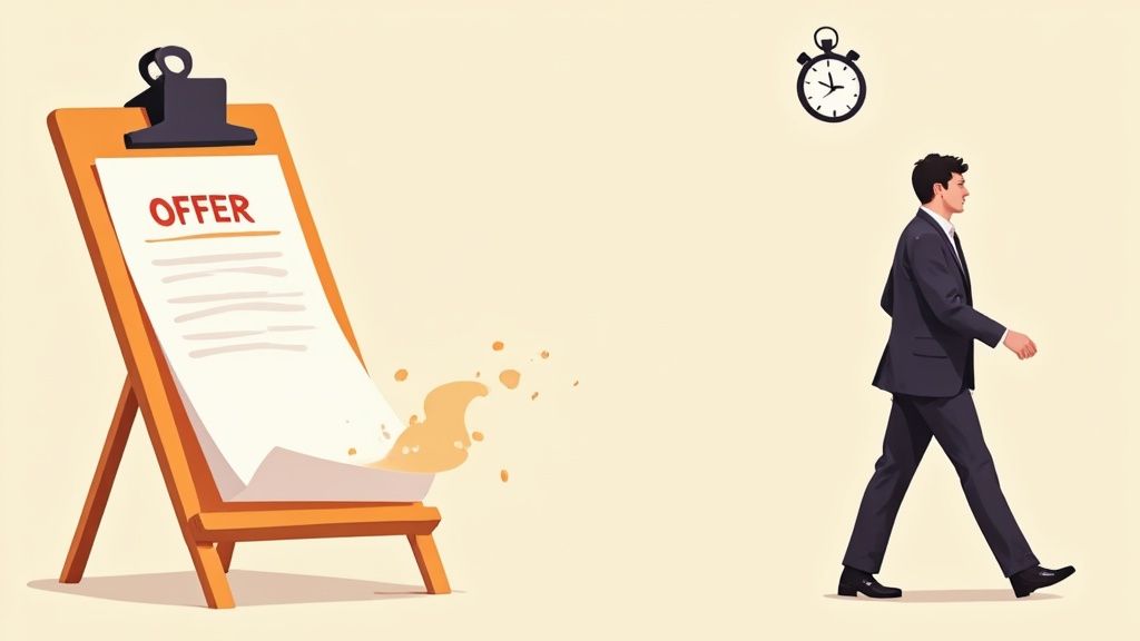 A person is signing a contract on a desk, symbolizing the final step of accepting a job offer.