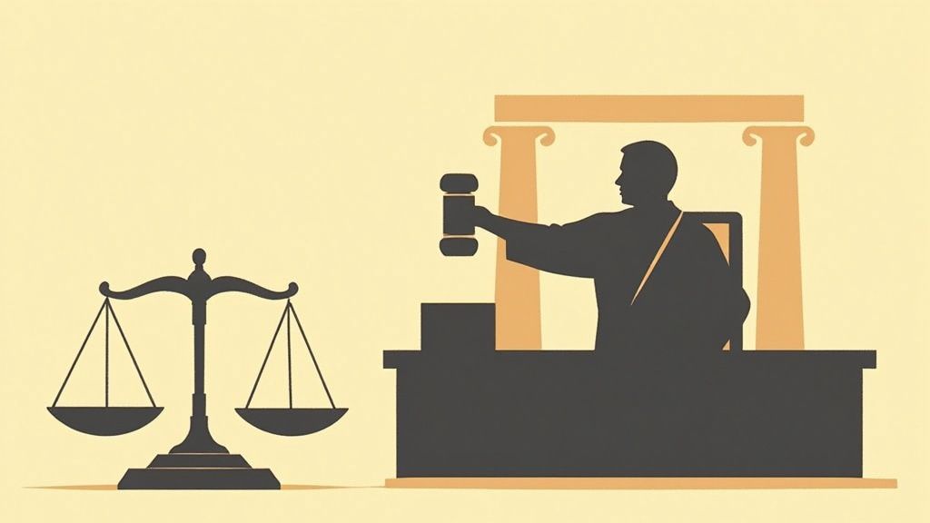 A silhouette illustration of a judge with a gavel and a scale of justice.