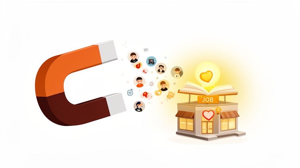 A large magnet attracts diverse job seekers and their skills to a career opportunity building.