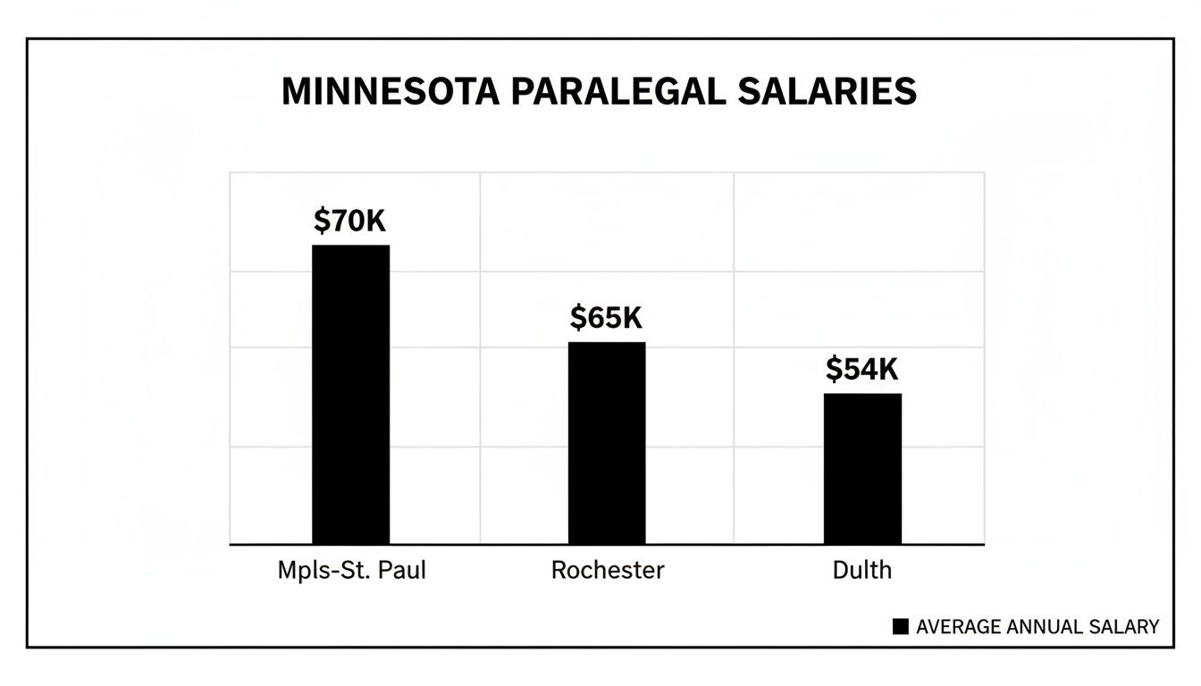 Bar chart comparing average paralegal salaries in Minnesota cities: Mpls-St. Paul, Rochester, and Duluth.