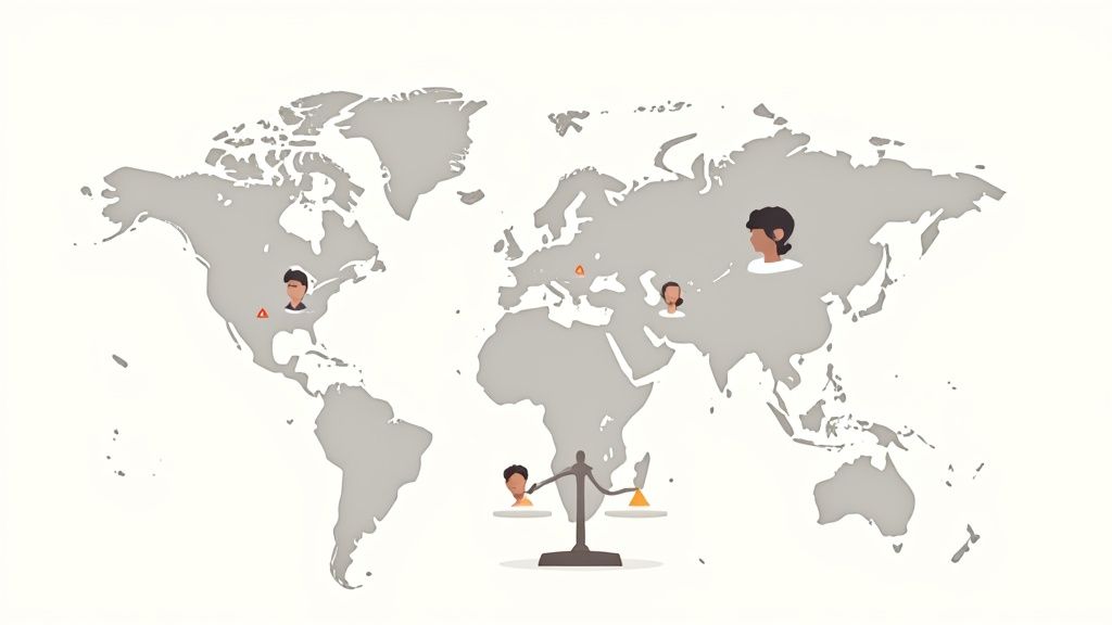 World map showing diverse remote workers connected globally through online employment opportunities