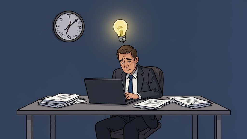 Tired businessman at desk with laptop, an illuminated lightbulb signifies an idea during late work.