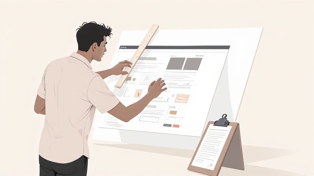 A person using a ruler to refine a website layout on a large screen, focused on UI design.