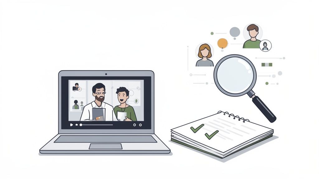 Illustration of a laptop showing a video call, magnifying glass, user profiles, and a checklist.