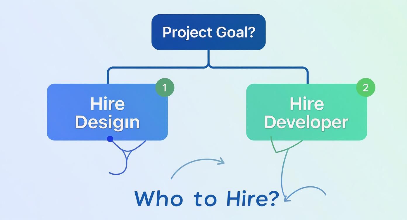 Infographic decision tree asking if a project's goal is visual design or functionality, leading to hiring a designer or developer respectively.