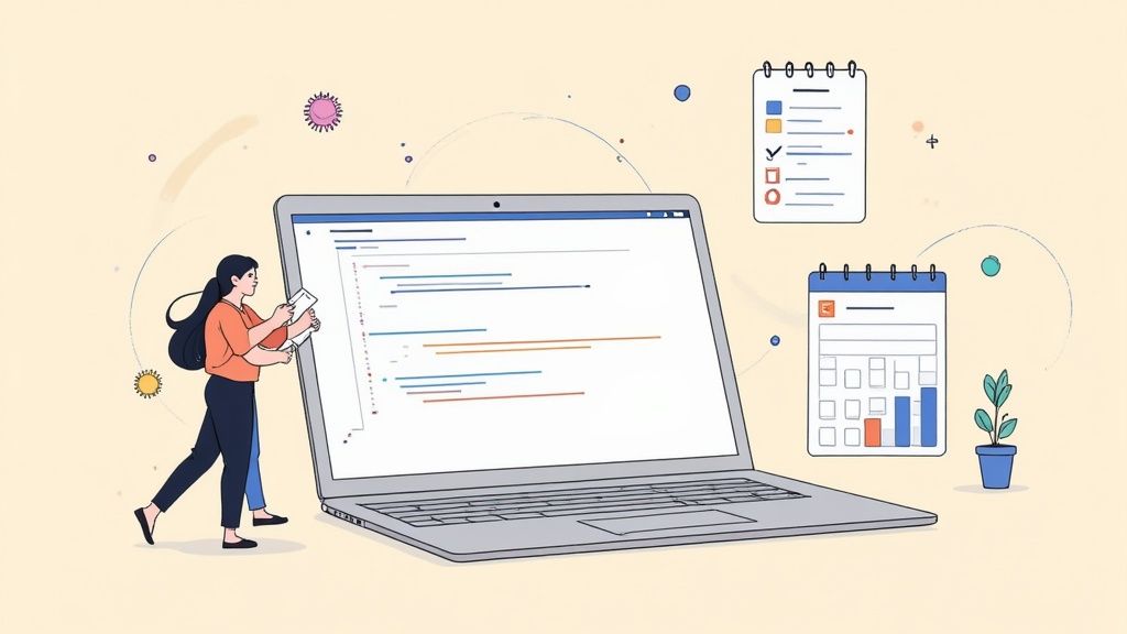 Woman managing project timeline on laptop with task lists and calendar illustrations