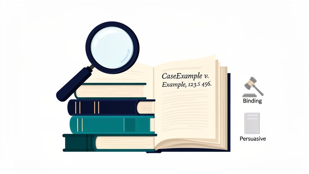 Magnifying glass over law books, an open case citation, and legal terms 'Binding' and 'Persuasive' with icons.