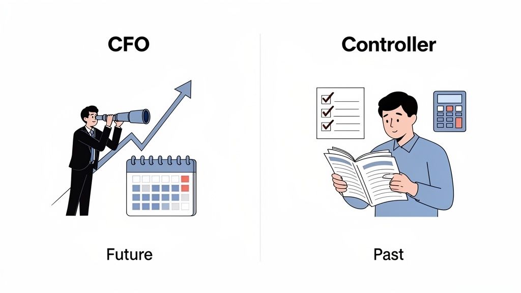 Image comparing CFO (future-oriented, strategic) looking through telescope with Controller (past-focused, analytical) reading documents.