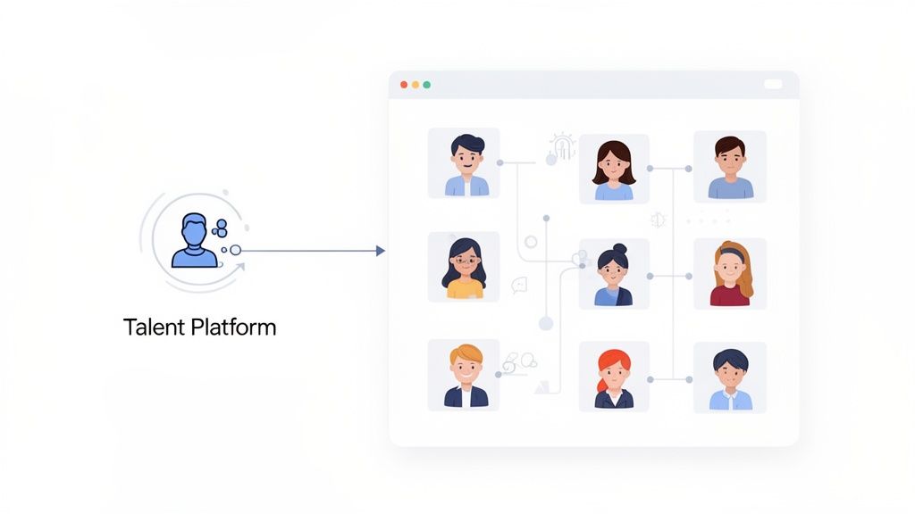 A talent platform icon linked to a digital interface displaying a network of diverse user avatars.
