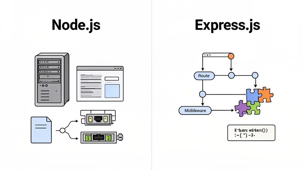 A diagram comparing Node.js server architecture with Express.js routing and middleware concepts.