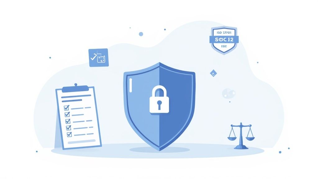 Illustration of data security and compliance with a shield, padlock, checklist, and legal scales.