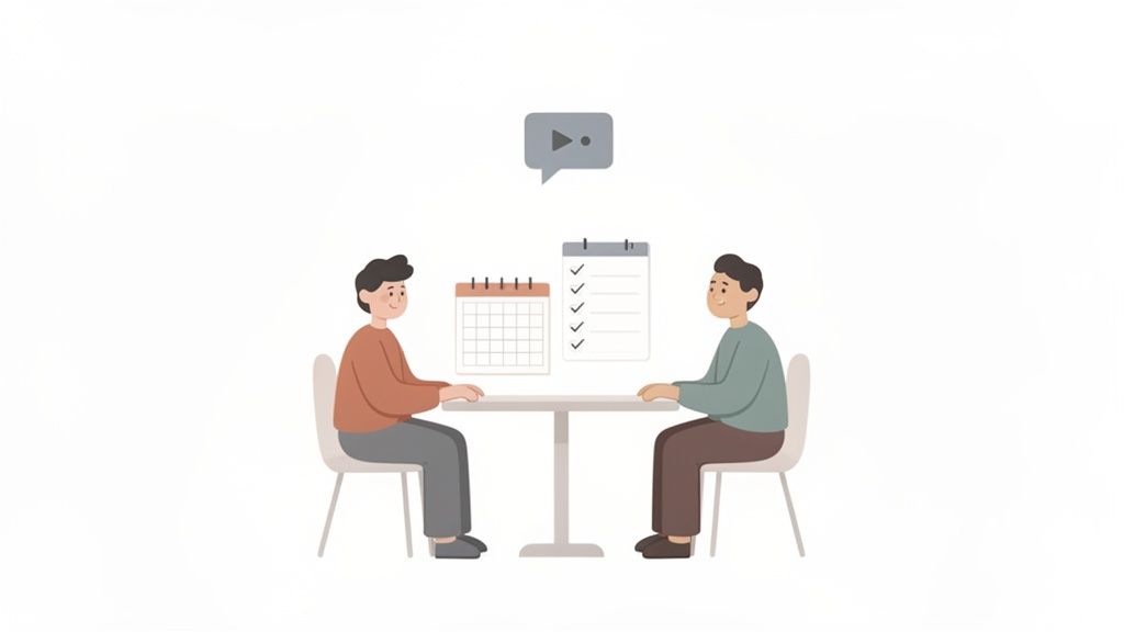 Two cartoon men discussing at a table with a calendar, checklist, and video call icon.