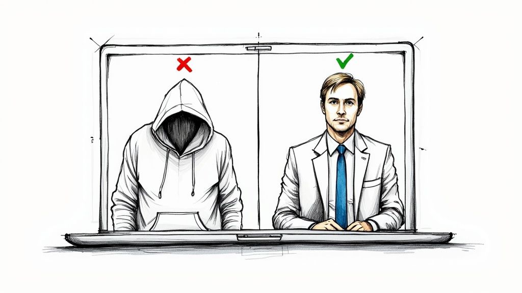 A person looking confident and well-dressed during a video call