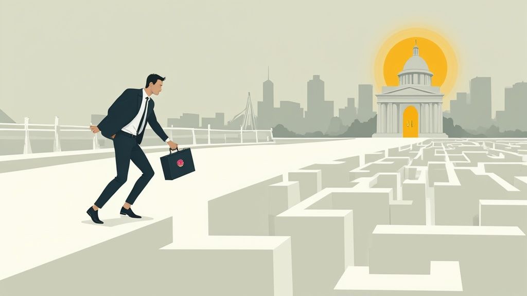 A businessman approaches a complex maze leading to a grand building and golden door, symbolizing a challenging career path.