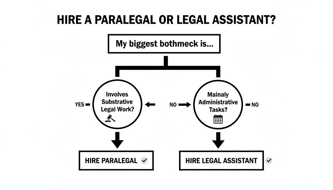 A flowchart helps decide whether to hire a paralegal for legal work or a legal assistant for administrative tasks.