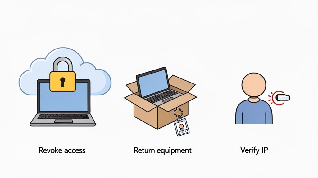 Icons illustrating three offboarding steps: revoke access, return equipment, and verify intellectual property.