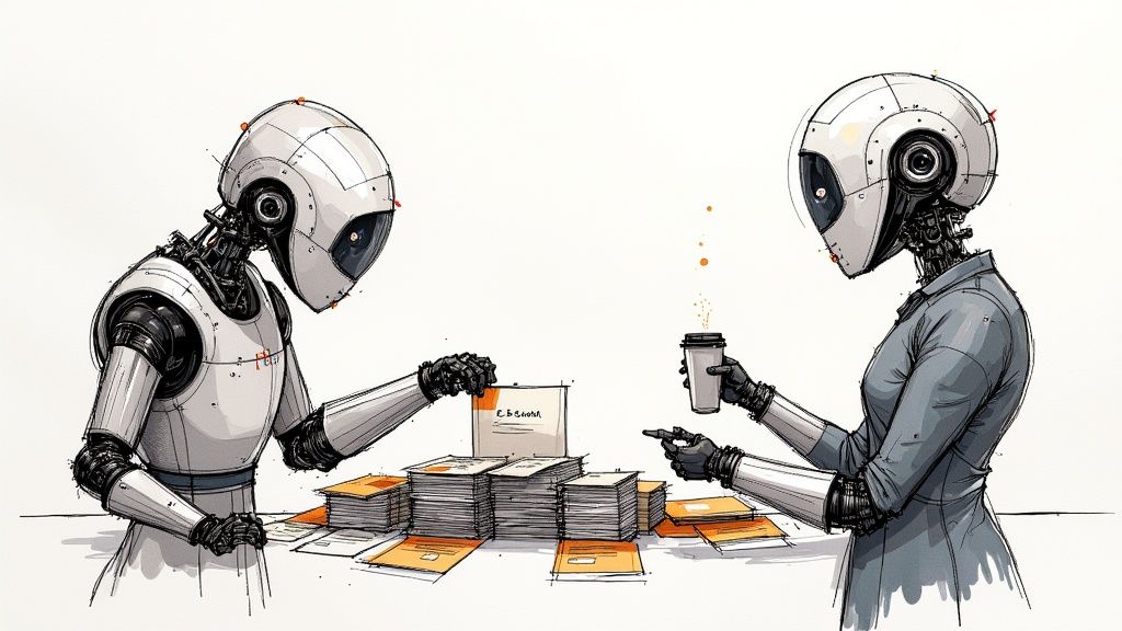 A sleek, modern robot arm sorting through a digital pile of candidate profiles.