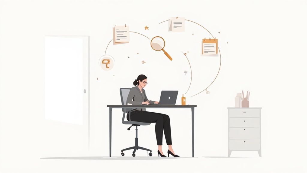 A paralegal diligently working at a desk, surrounded by legal documents and a laptop, showcasing focus and organization.