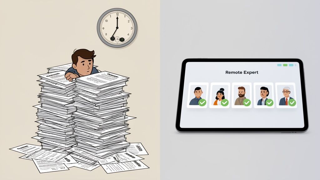 Man overwhelmed by paper documents contrasts with a tablet displaying 'Remote Expert' and selected profiles.