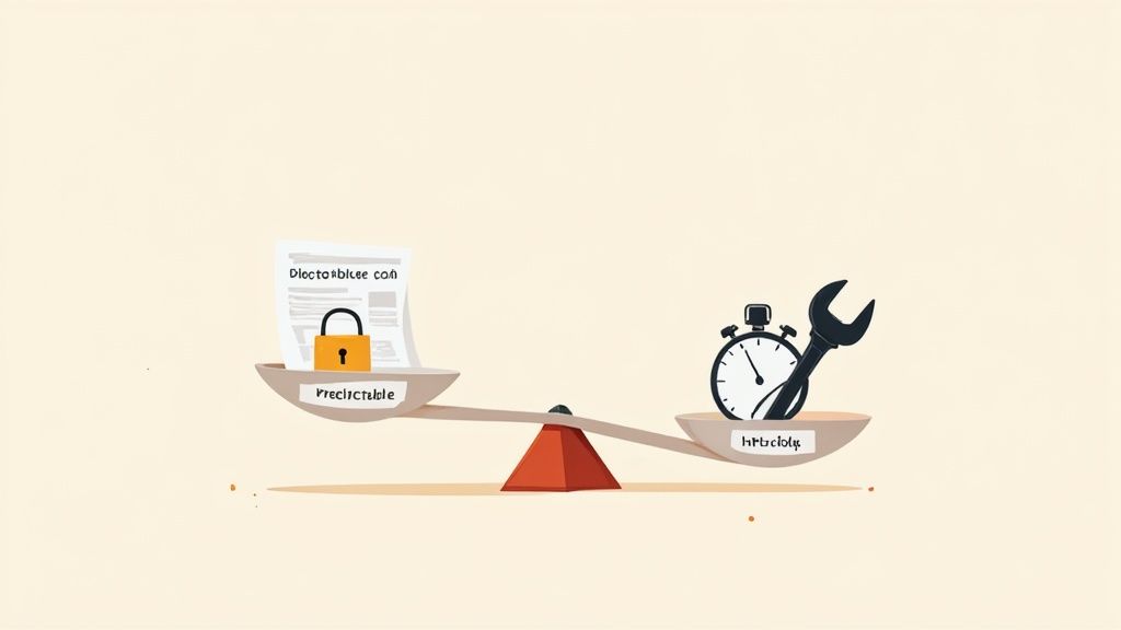 A balance scale illustrates predictable cost (document with lock) outweighing hourly work (stopwatch and wrench).