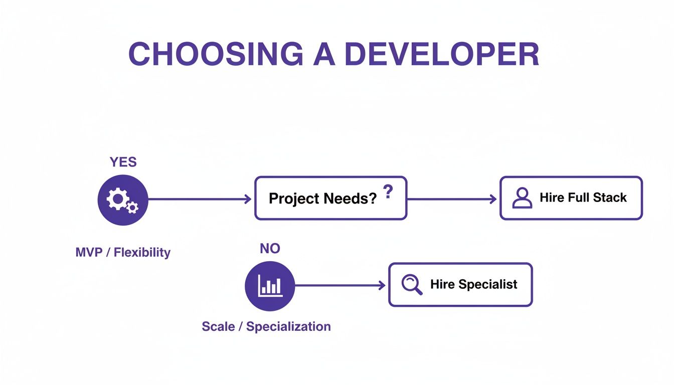 Flowchart guiding the choice between a full stack developer for MVP/flexibility or a specialist for scale/specialization.