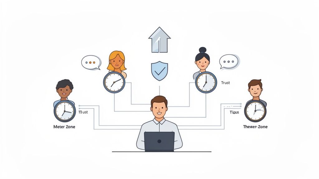 Illustration of a central man on a laptop connecting to four individuals in 'Meter Zone' and 'Thewer-Zone', symbolizing trust and time management.
