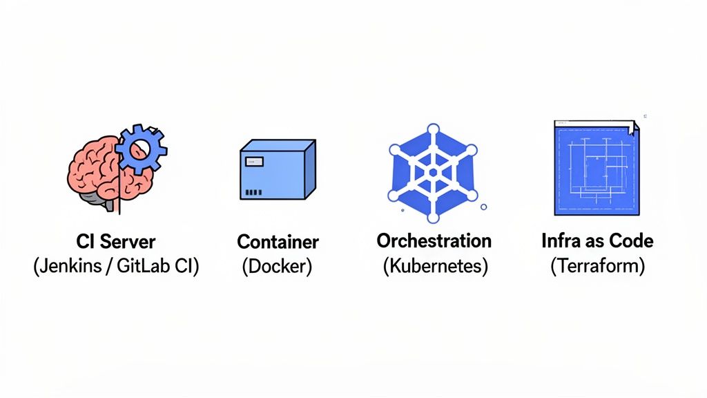 Illustrates key DevOps tools and concepts: CI Server (Jenkins), Container (Docker), Orchestration (Kubernetes), and Infra as Code (Terraform).