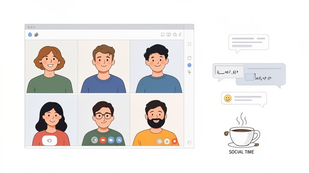 A video call screen showing six smiling diverse people, with chat bubbles and a coffee cup for social time.