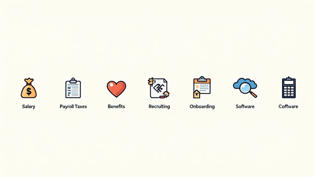 Seven colorful icons illustrating HR and business concepts: salary, benefits, recruiting, and software.
