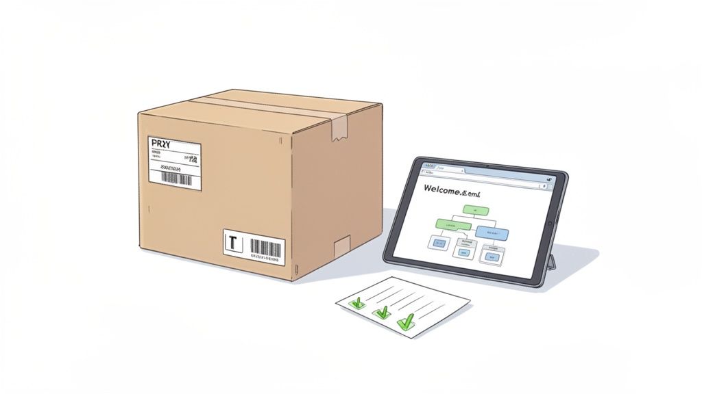 Illustration of remote onboarding with a package, tablet displaying an org chart, and a completed checklist.