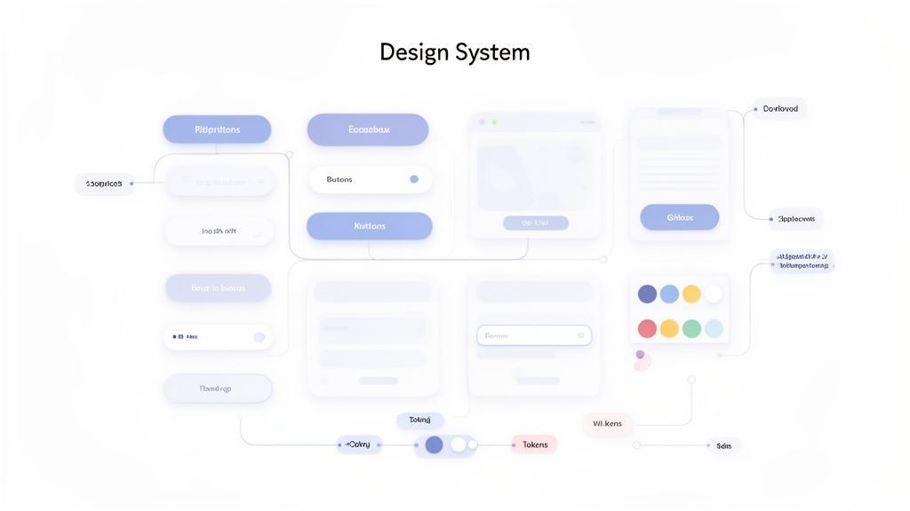 A comprehensive visual representation of a digital product design system elements, including UI components, forms, and color tokens.