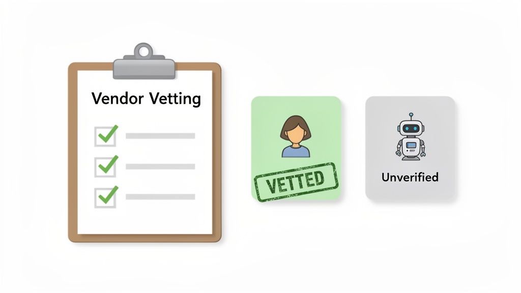 An illustration showing a 'Vendor Vetting' checklist, a 'Vetted' human, and an 'Unverified' robot.