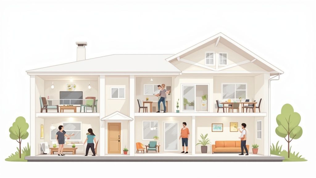 A cross-section of a two-story house showing various rooms and people engaged in daily activities.