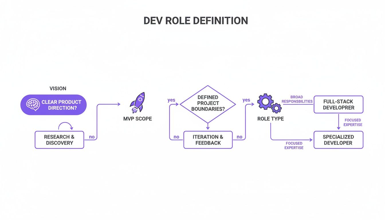Flowchart defining dev roles: from clear product vision and project boundaries to full-stack or specialized developer.