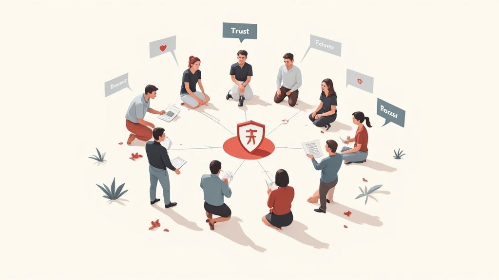 A diverse group collaborates in a circle around a shield emblem, discussing concepts like trust.