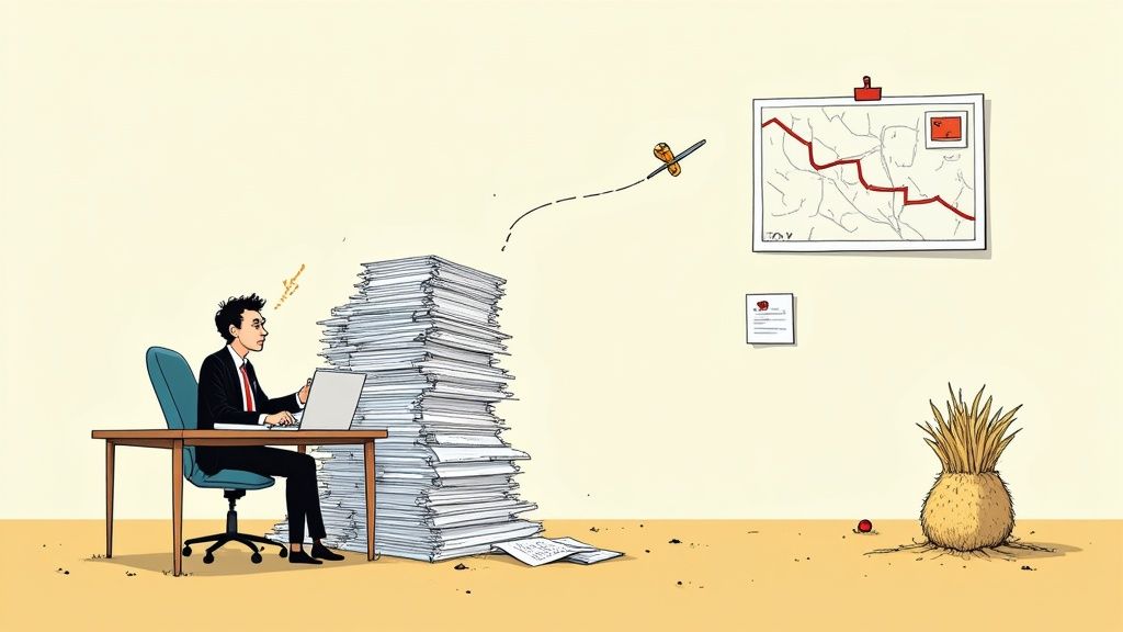 Man overwhelmed by paperwork, working on a laptop, with a paper airplane flying towards a declining map.