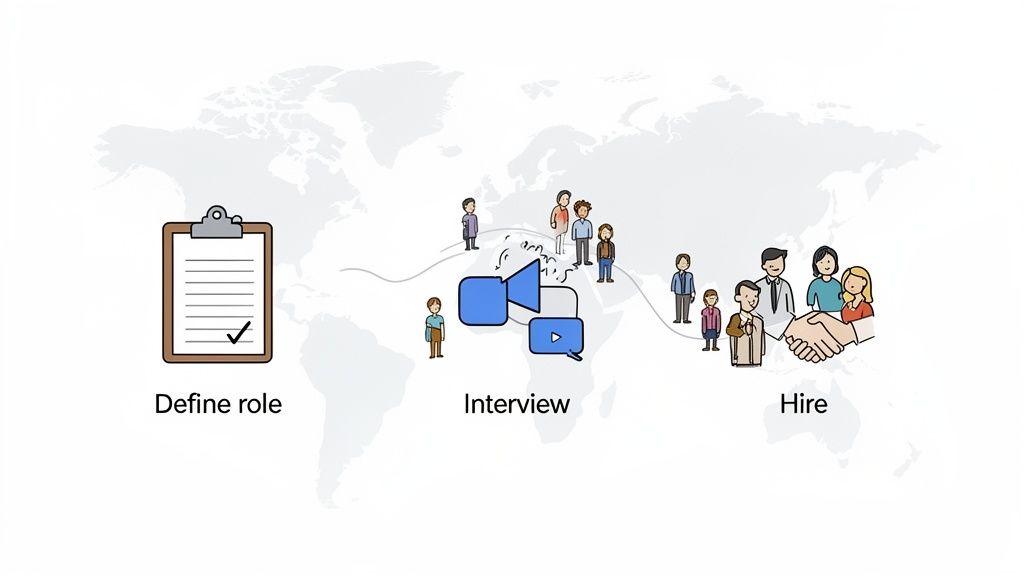 Illustration showing three stages of global recruitment: define role, interview, and hire, over a world map.