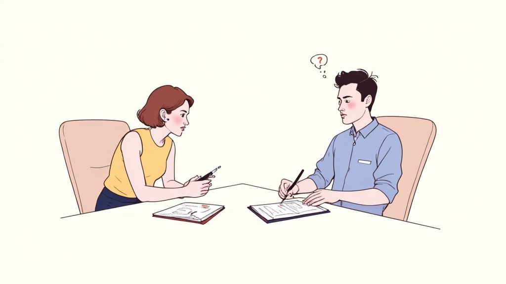 A woman and a confused man at a table, reviewing or signing documents during an interview.