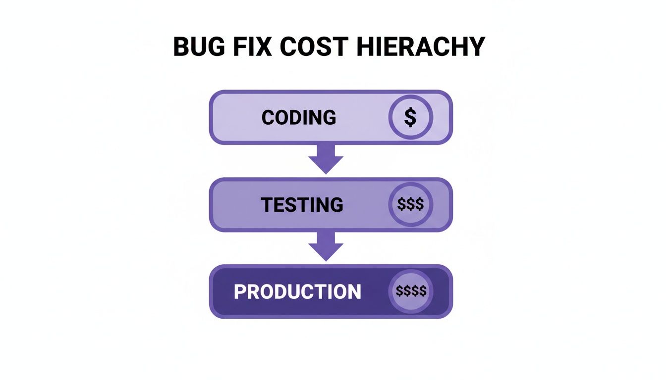 A hierarchy diagram illustrating how bug fix costs increase significantly from coding to production.